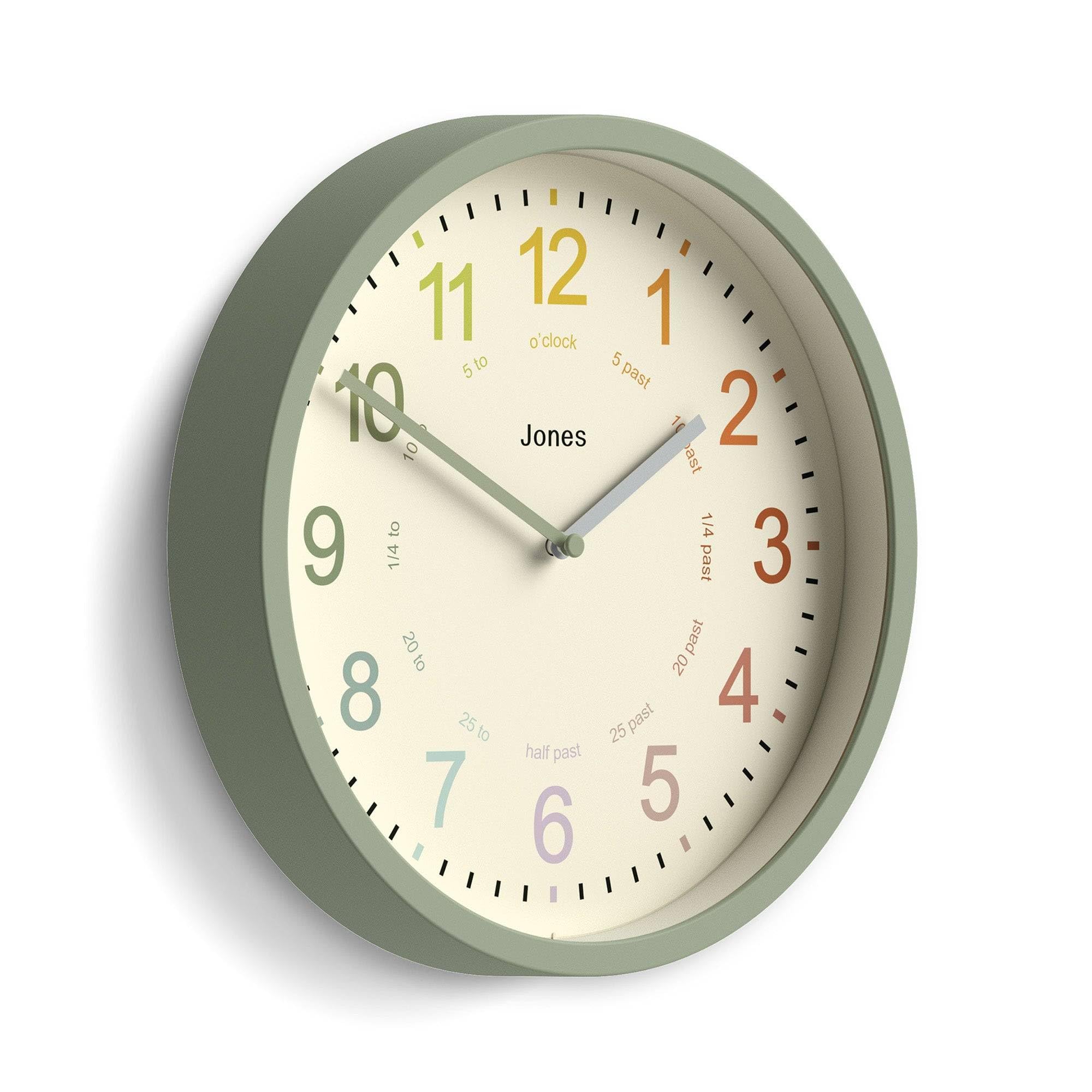 Jones Clocks Sage Green Jones Clocks® Kids Wall Clock | Small Modern Children’s Nursery Clock | 25Cm | | Colourful Dial For Learning To Tell The Time