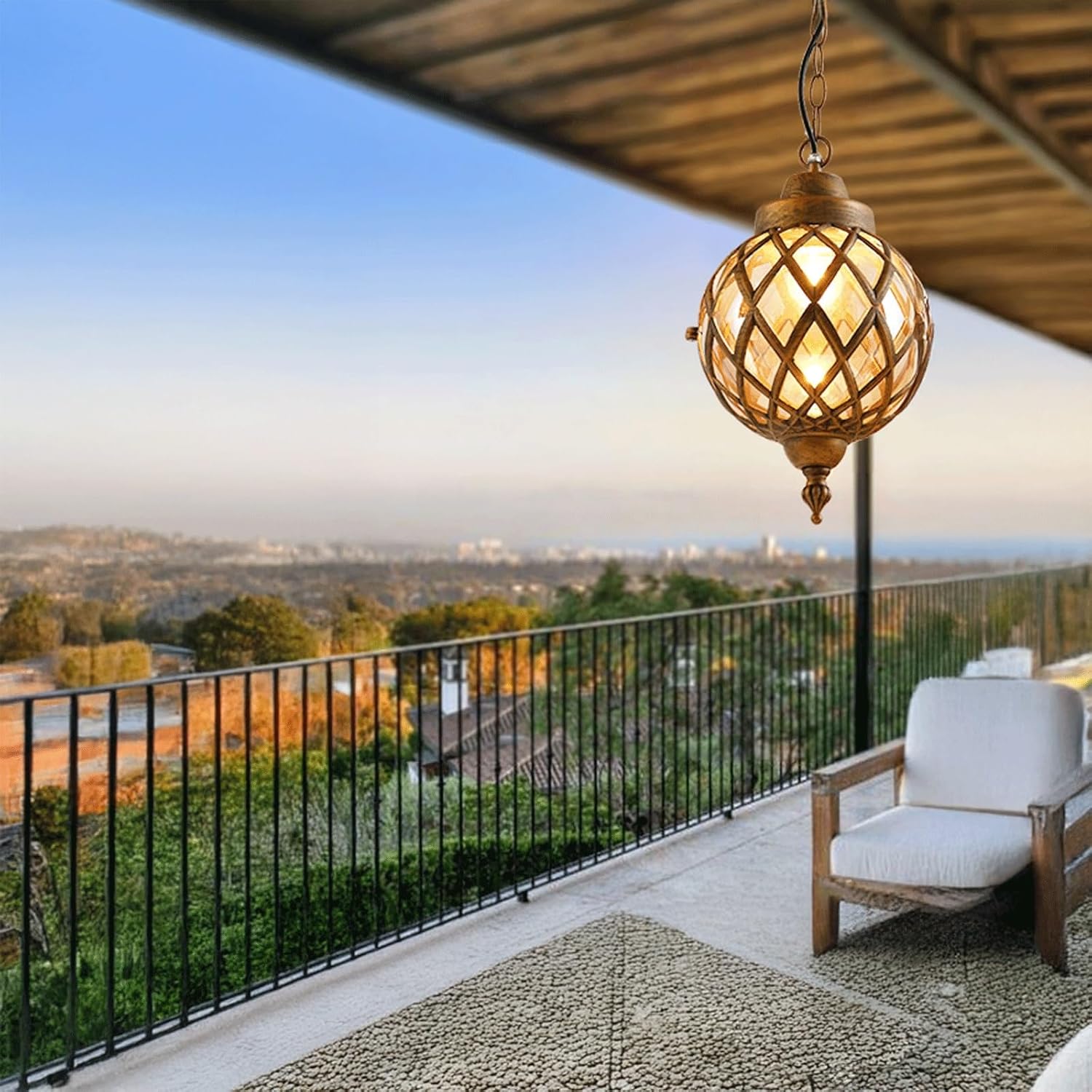 Outdoor Pendant Light, Waterproof Anti-Corrosion Hanging Lantern, European Retro Chandelier with Ornate Aluminum & Glass Globe, Adjustable Chain for Patio, Porch, Balcony, Gazebo(Brass,Medium)
