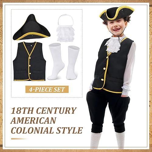 Miniatura 3 de Ramede Conjunto de disfraz colonial para niños y niños, disfraz de guerra revolucionaria, chaleco de tricornio, gorro de tricornio, calcetines de