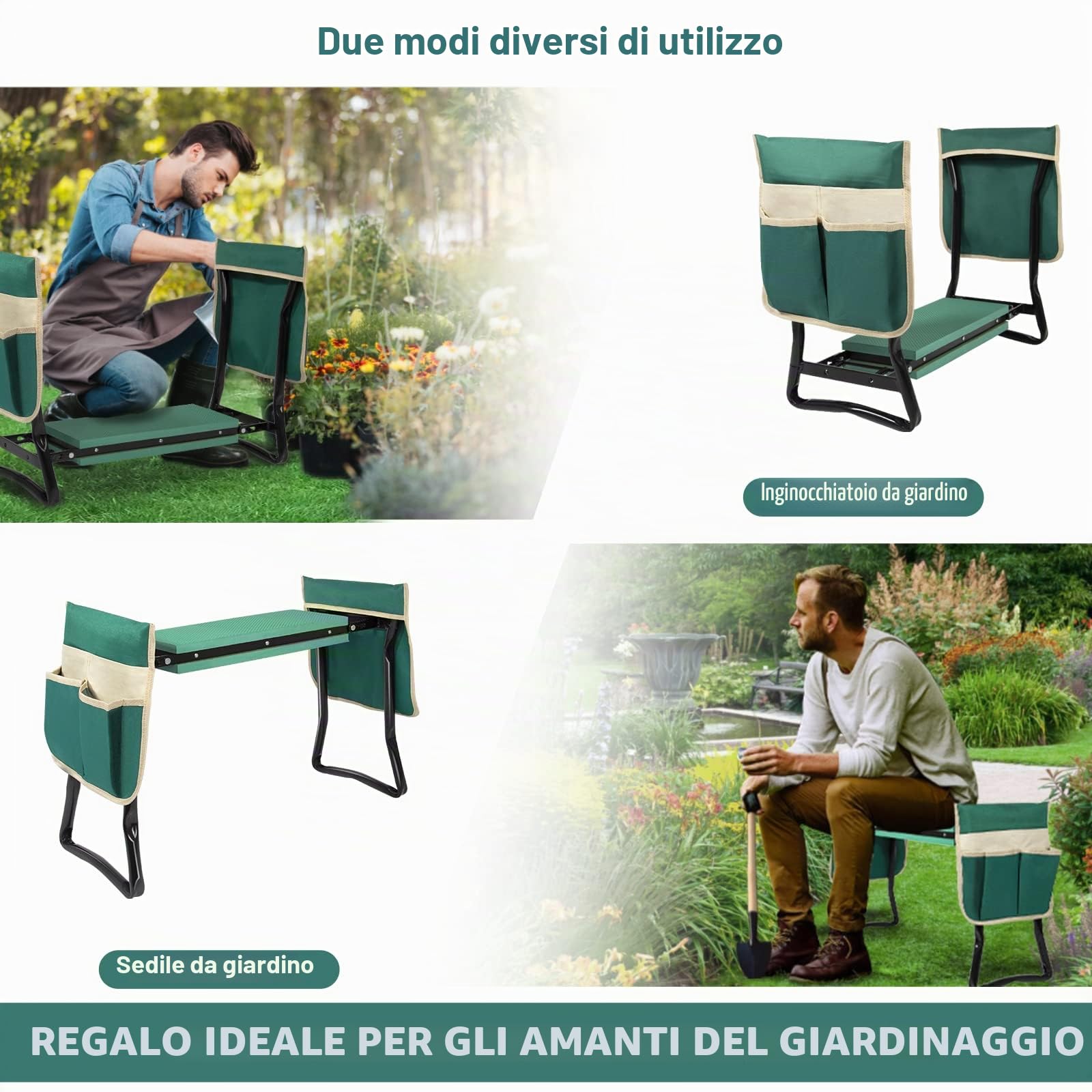 Uten Sgabello da Giardino Pieghevole, 2 in 1 Sgabellino Giardinaggio, Inginocchiatoio da Giardino e Sedile, Panca per Giardino Portatile con 2 Attrezzi Tasche e Cuscino in Schiuma EVA