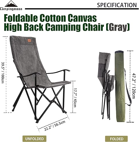 Miniatura 3 de CAMPINGMOON - Silla plegable de lona de algodón para campamento con respaldo alto, color gris F-1001C-H
