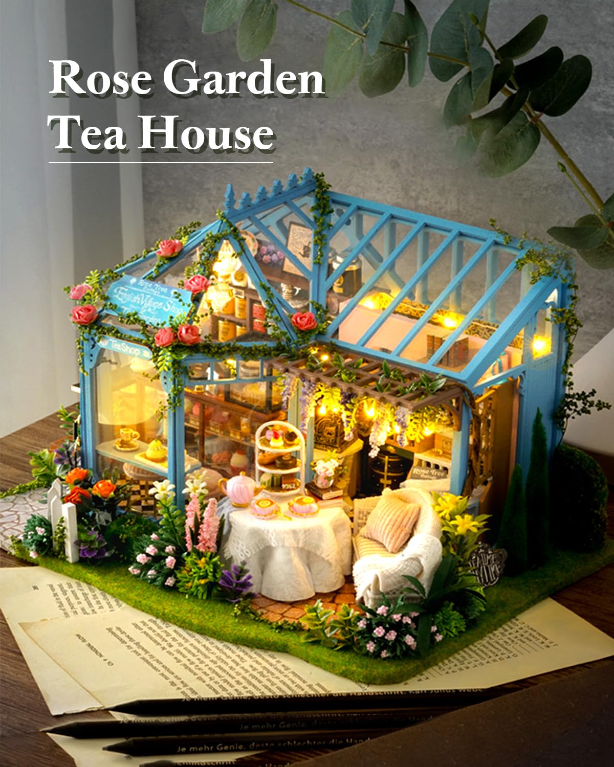 DIY Miniatur Haus Bausatz für Erwachsene,Puppenhaus Gewächshaus mit LED Licht,3D Puzzle Buchstütze aus Holz Modellbausatz Bastelset Bücherregal Deko Geschenken (Rose Garden Tea House)