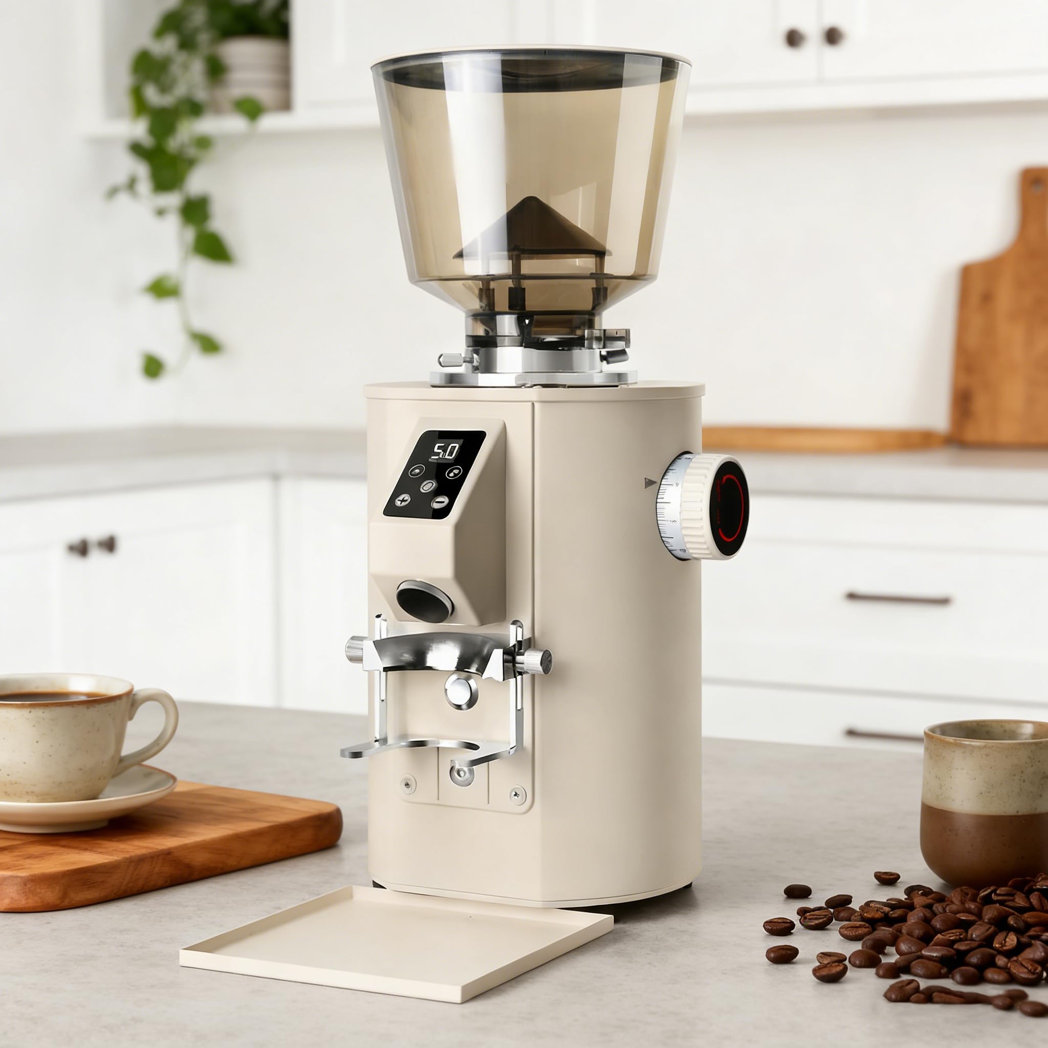 Molinillo de café comercial de fresa plana, fresa de 64 mm con 9 ajustes precisos para espresso y vertido, modos de dosificación dual con tolva de gran capacidad y soporte para portafiltro white