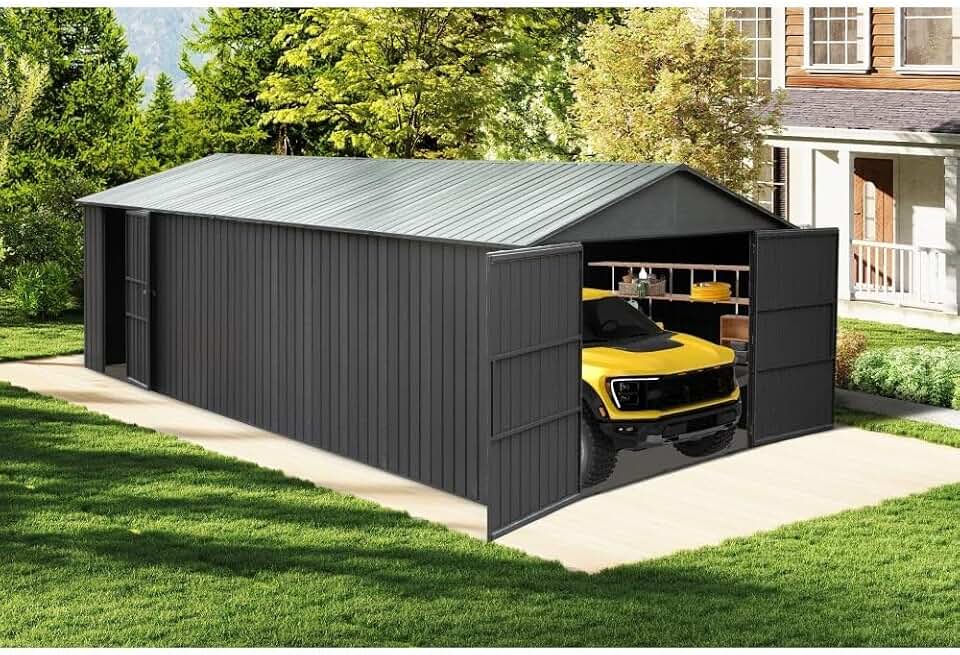 Outdoor Metal Garage Shed with Lockable Double Doors, Heavy Duty Weatherproof Storage for Vehicles and Equipment