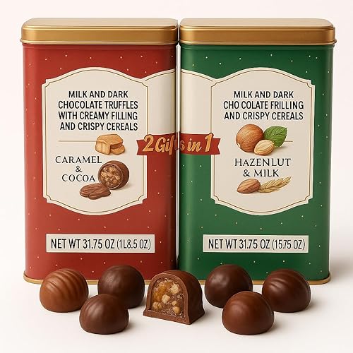 Latas de regalo de trufas de chocolate italiano finas de primera calidad, paquete de 2. Surtidos sabores de trufa leche, oscuro, avellana y caramelo