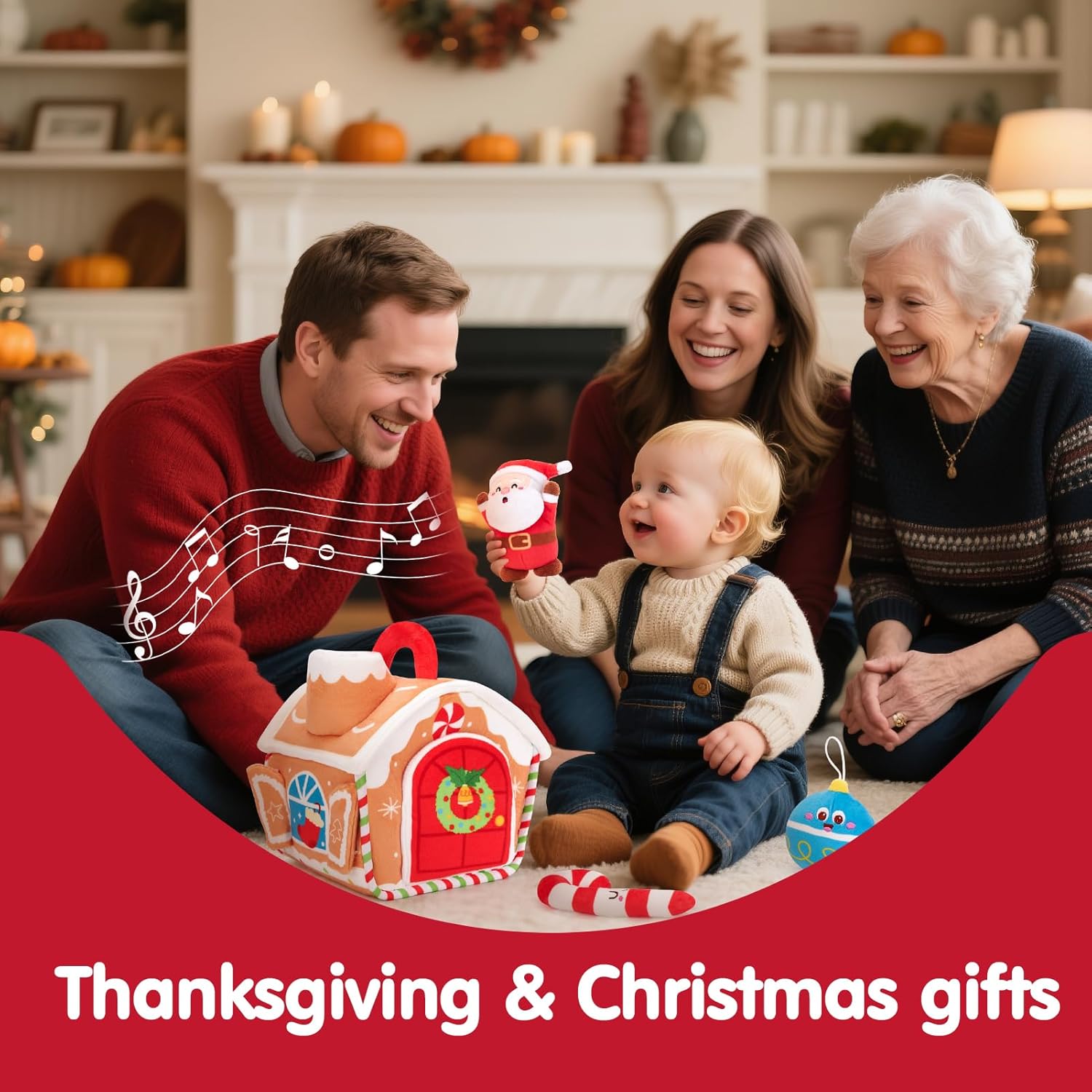 hahaland Baby Toy for 6 + 12 18 Months – Musical & Sensory Plush Christmas Toys Set with Gingerbread House, Santa, Reindeer, Gingerbread, Rattles & More Xmas Baby Stocking Stuffers - Image 9