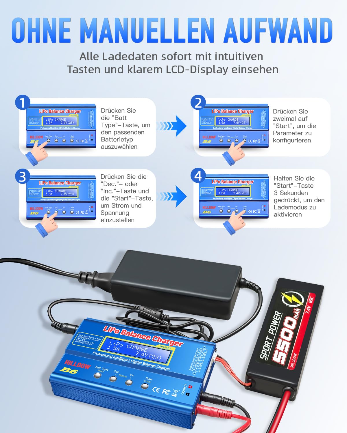 B6 Akku-Balance-Ladegerät, 80W Lipo-Balance-Ladegerät/-Entlader mit Netzteil für NiMH (1–15s), LiPo/Li-Ionen/Life-Akku (1–6s), RC-Hobby-Akkuladegerät, XT-60/JST/T-Anschlüsse