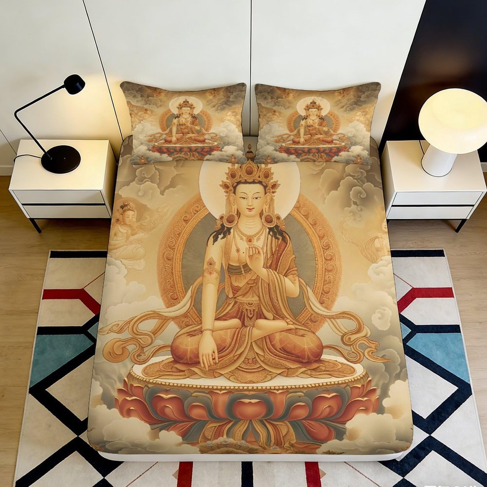 3D Printed Buddha Art Fitted Sheet Microfiber Soft Breathable Lotus Bed Cover for Bedroom Guest Room Decor 90x200x25cm