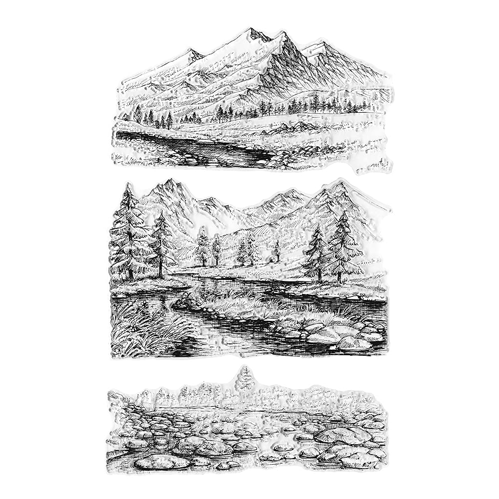 3 PCS Natural Scenery Clear Stamps for Card Making and Photo Album Decorations, Mountain River Background Transparent Rubber Stamps Seal for DIY Scrapbooking