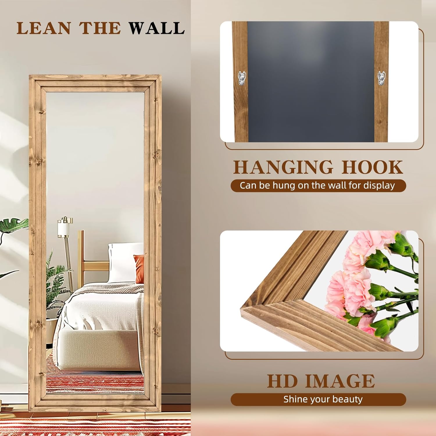 Full Length Mirror 58"x22" Solid Wood Frame Floor Large Mirror for Living Room, Bedroom Hanging or Leaning Wall-Mounted, Light Brown