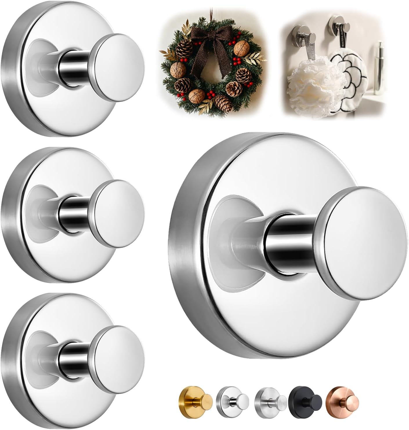 Suction Cup Hooks for Shower,Reusable Wreath Hanger for Front Door,Stainless Steel, Heavy Duty, Removable Towel Hooks for Bathroom,Loofah Bath Robe Metal Towel Holder,Knobs (Bright Silver 4Pcs)