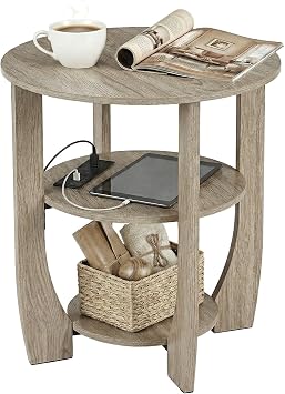 Round End Table with Charging Station, 3 Tier Oak Wood Side Table with USB Ports & Outlets, Small Nightstand Bedside Table with Storage Shelves for Bedroom, Living Room,Narrow Spaces