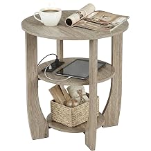 Round End Table with Charging Station, 3 Tier Oak Wood Side Table with USB Ports & Outlets, Small Nightstand Bedside Table with Storage Shelves for Bedroom, Living Room,Narrow Spaces