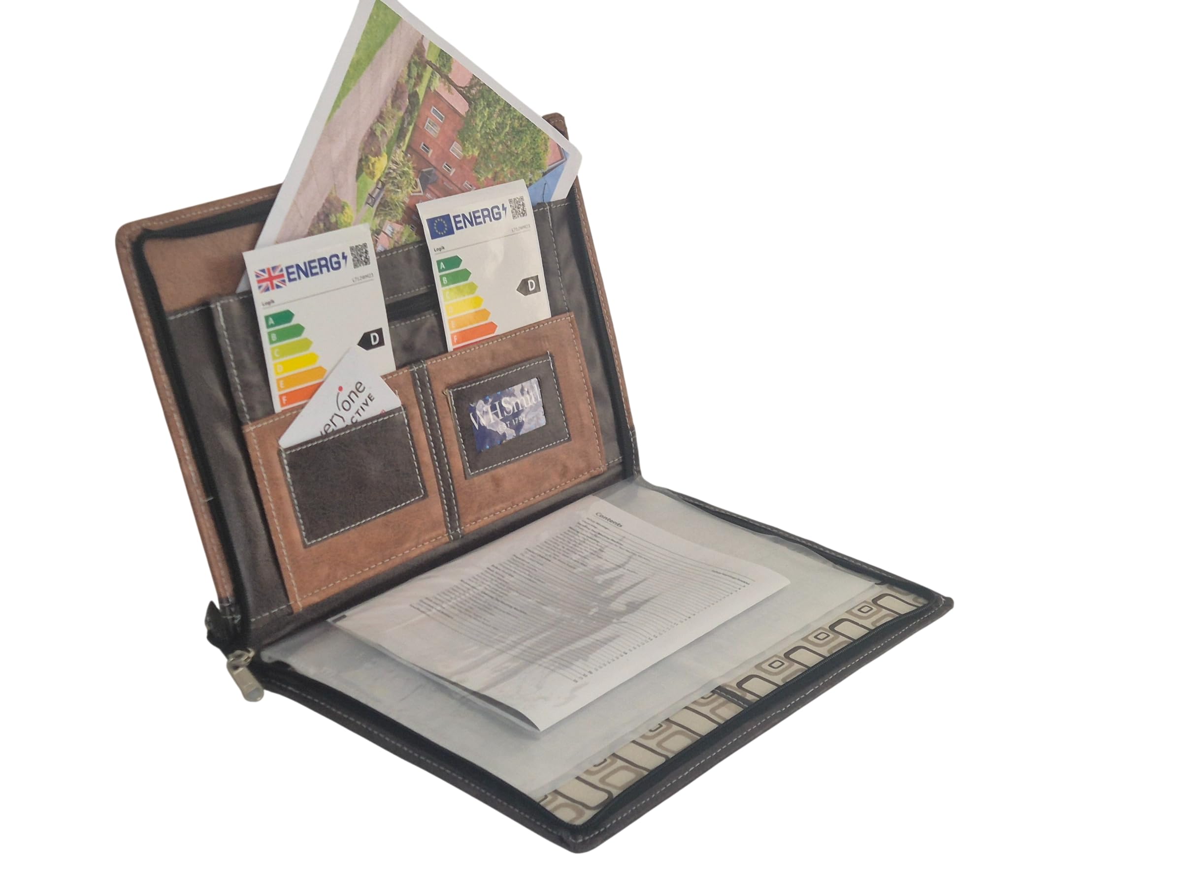 AKSHIDE A4 Certificate and Presentation Folder, Black Vegan Leather-Look Portfolio Book with Multiple Pockets, Document File Binder with Zip Closure (Brown-Tan)