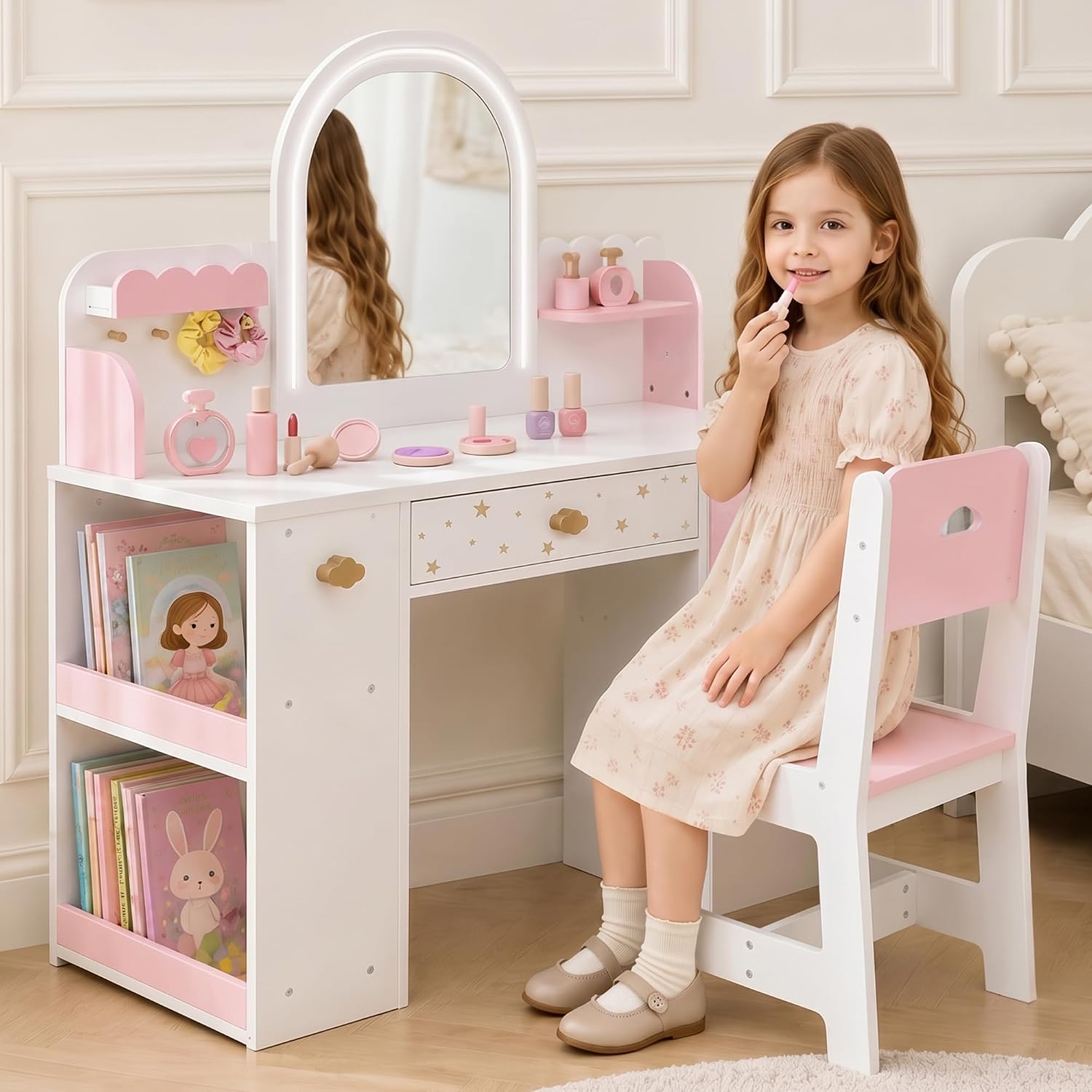 Leeshyah Kids Vanity with Lights and Chair, 3-Color Lighted Mirror Kids Vanity Table and Chair Set, Toddler Vanity Desk with Drawer, Storage Cabinet and Bin, Pretend Play Vanity for Ages 3+