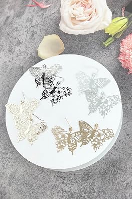 Fluttering Elegance Fashion Filigree Earring - Lightweight Gift, Fish Hook, Cutout, Stylish Elegant, Butterfly, U Shape, Flower Bull (Butterfly/Flower/Matte Silver, Base Metal)