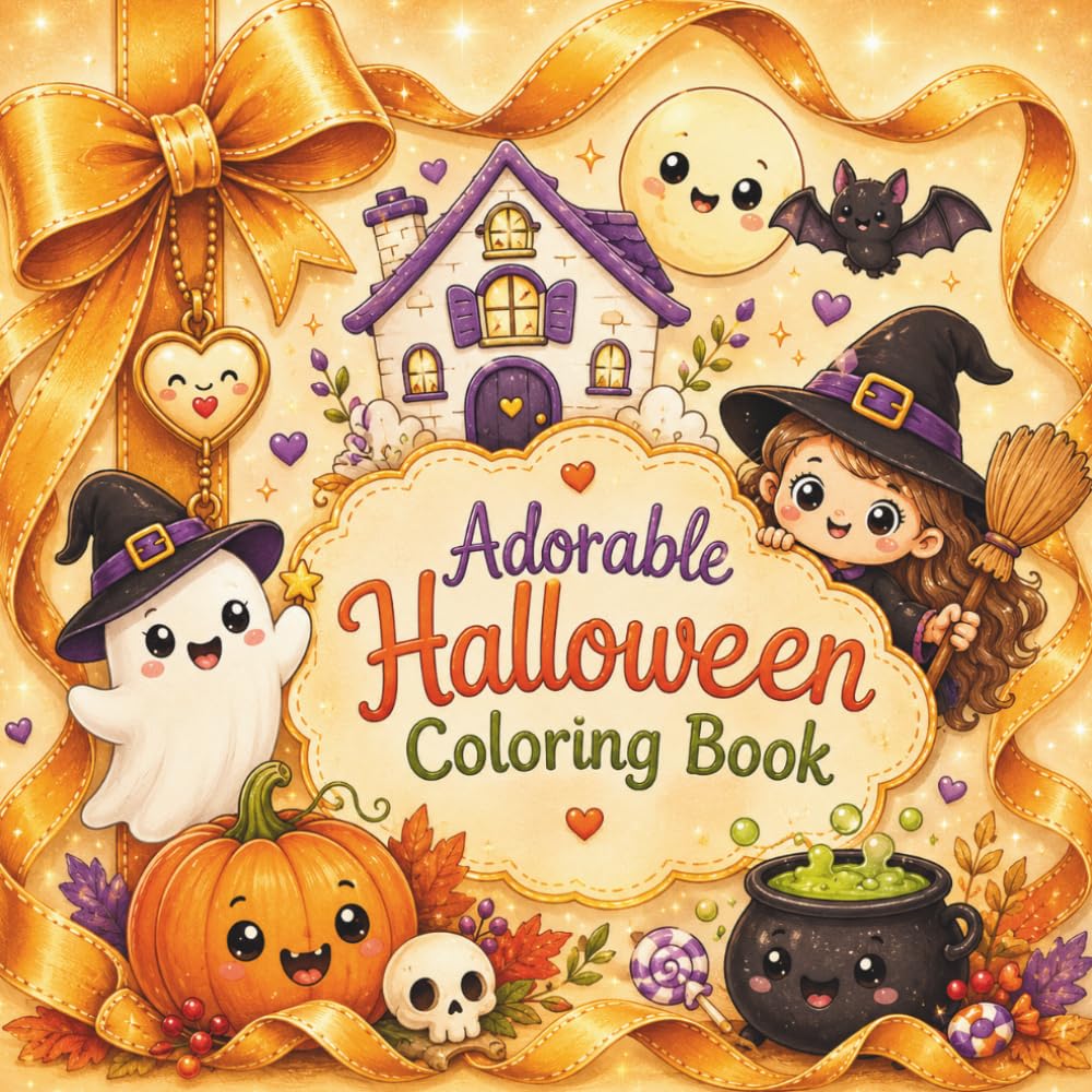 Adorable Halloween Coloring Book: 50 Cute, Cozy & Easy Halloween Coloring Pages Filled with Friendly Ghosts, Happy Pumpkins, Sweet Witches, Black Cats, and Magical Autumn Fun for Kids, Teens & Adults