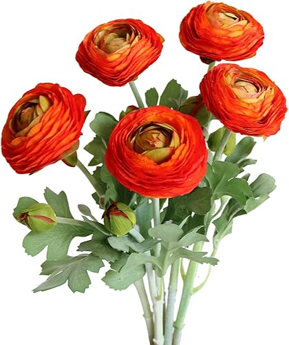 Flores artificiales de ranúnculo de seda, tallo de peonía de seda para arreglos domésticos, decoración de verano u otoño, 5 unidades (naranja)