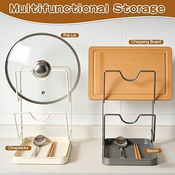 Kitchen Pot Lid Storage Rack, Double-Layer Pot Lid Organizer with Removable Drip Tray,Pot Lid Holder While Cooking,Space-Saving kitchen Countertop Organizer Storage for Pots Pans & Cutting Boards