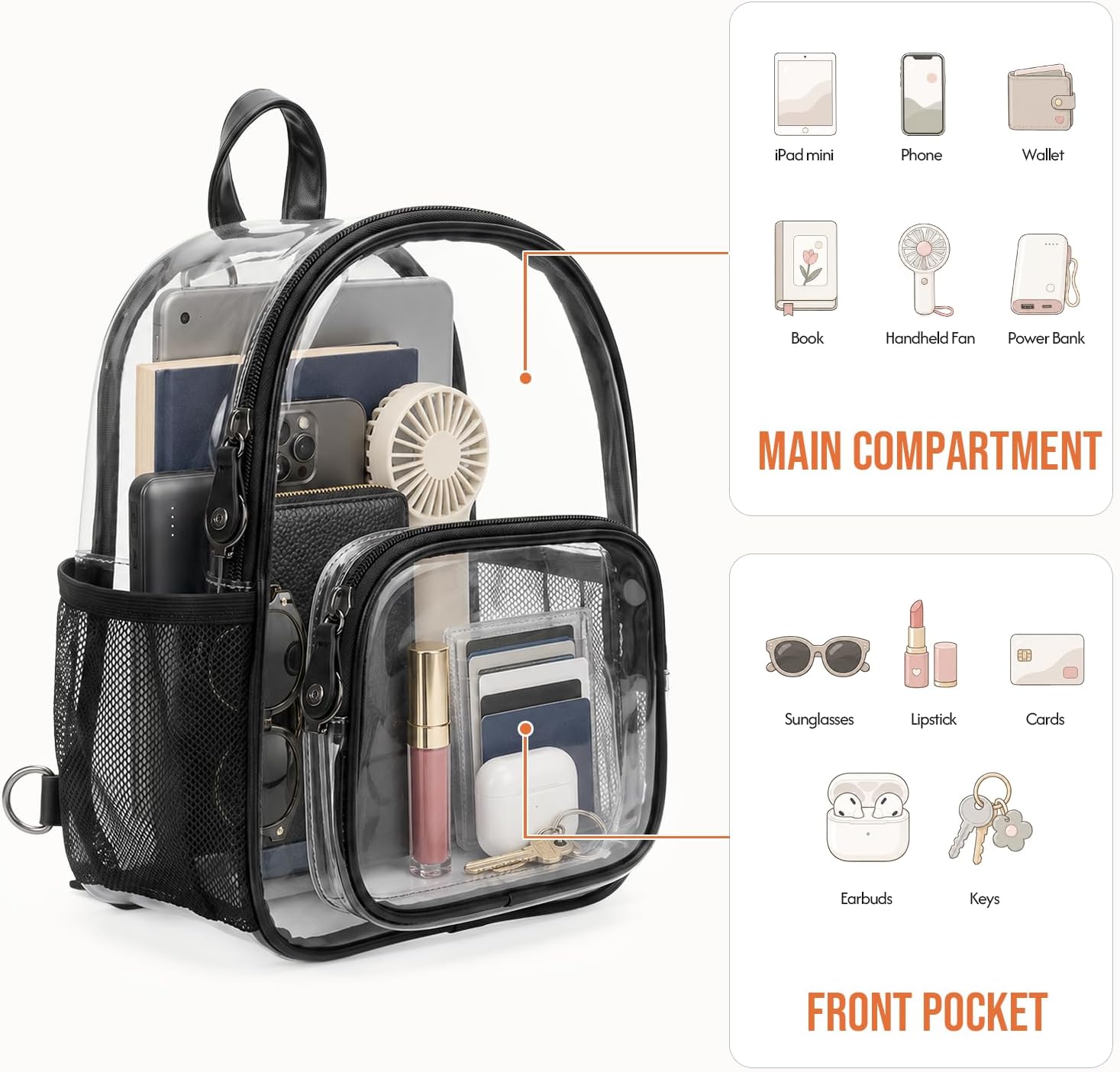 Mini Clear Backpack for Stadium Events Anti-Theft Small Festival Transparent bag with Fan Holder for Concerts, Rave