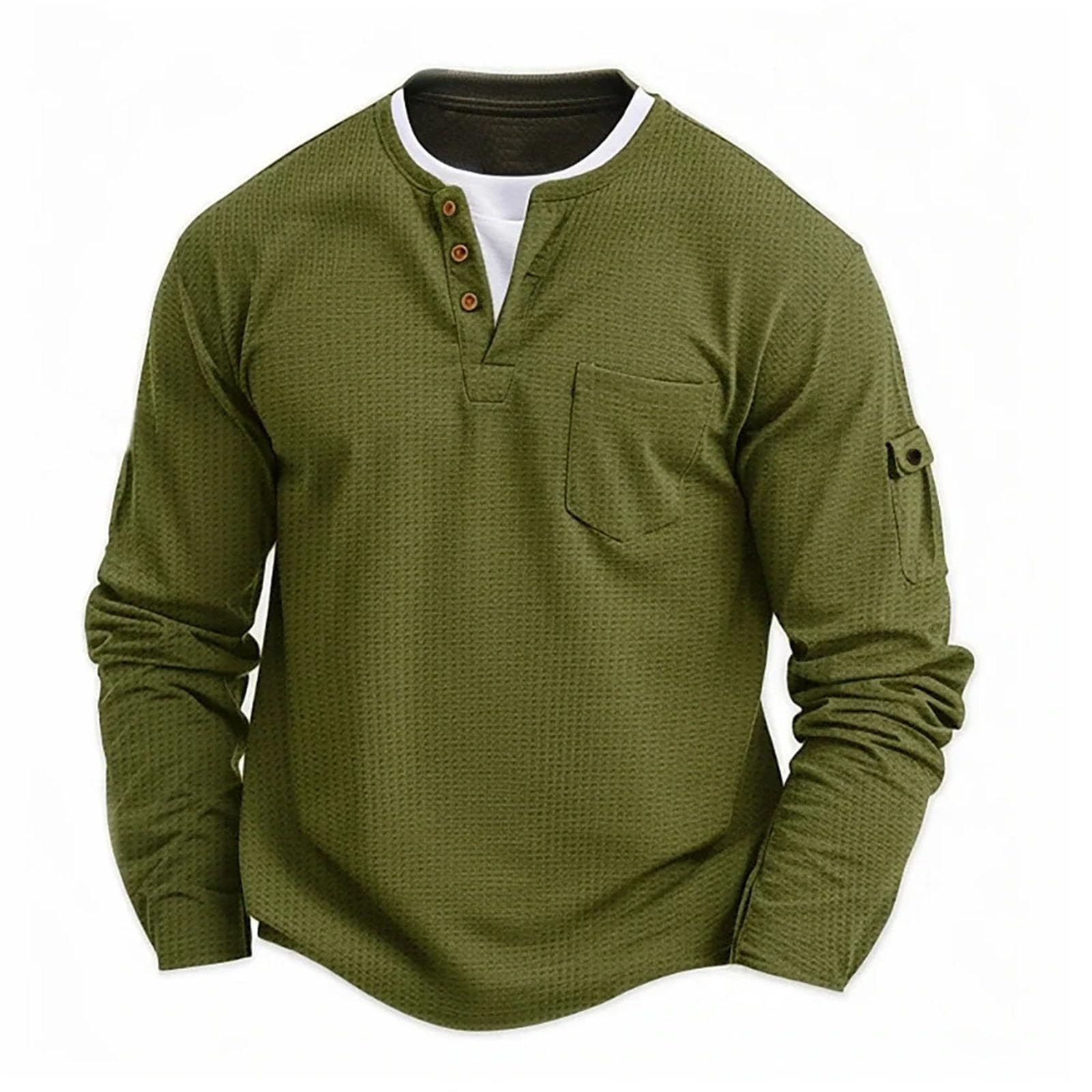 Camicia da uomo a maniche lunghe con bottoni casual tinta unita T-shirt alla moda in cotone a nido d'ape finto strato di base a due pezzi