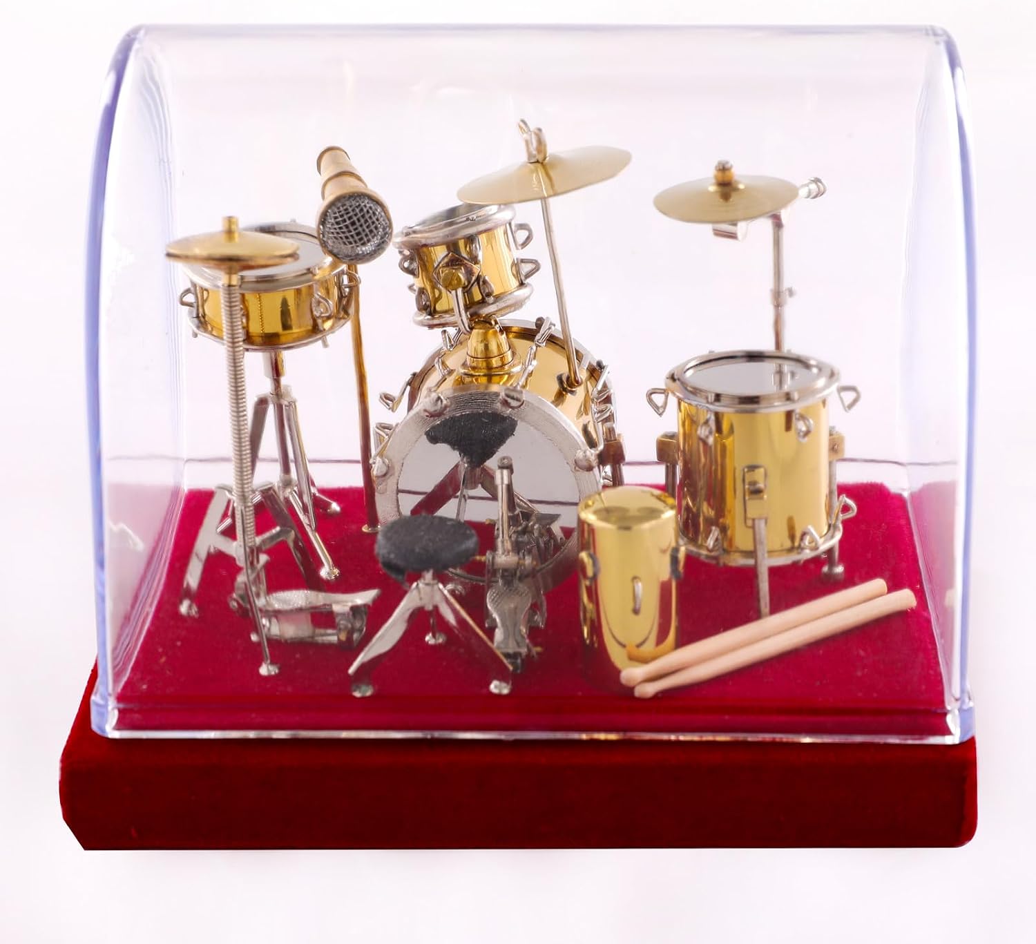 Miniature Drum Set Brass Mini Musical Instrument Drum Set Replica on Stand with Display Cover Collectible Figurines Birthday Gifts Home Decoration Display Ornament Model (5.51"x3.94"x4.33") image 4