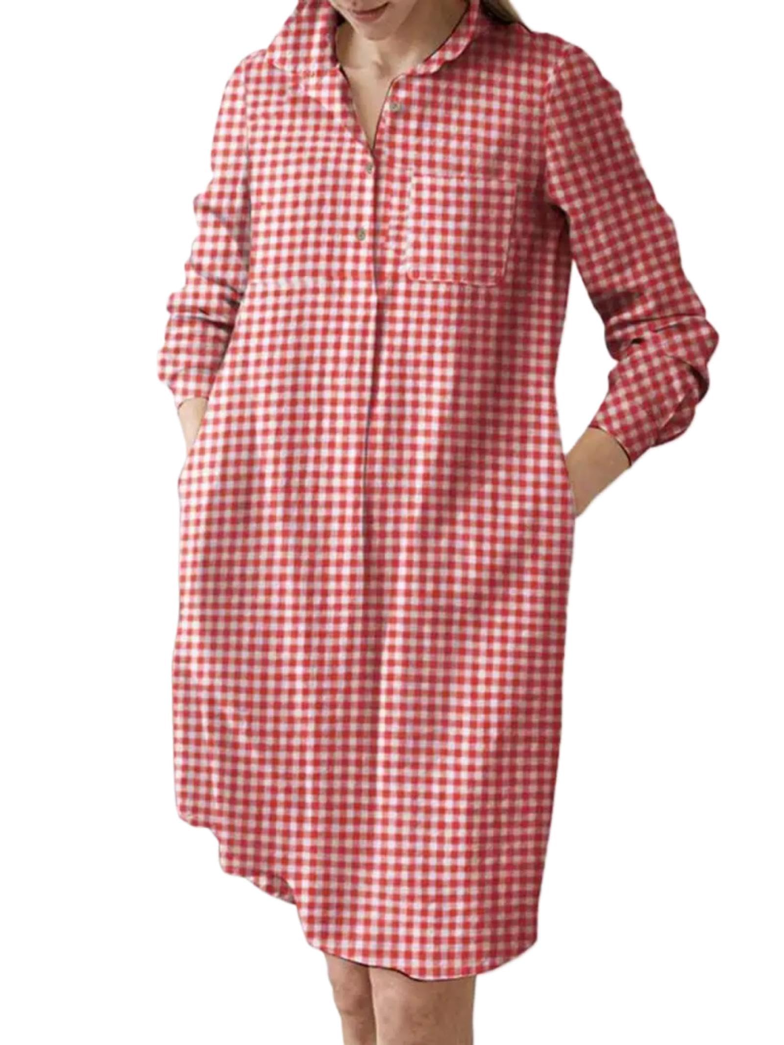 Gonna Donna Lunga Pieghe Elegante Elastica Skirt Abito Camicia A Maniche Lunghe da Donna Scozzese M Rosso