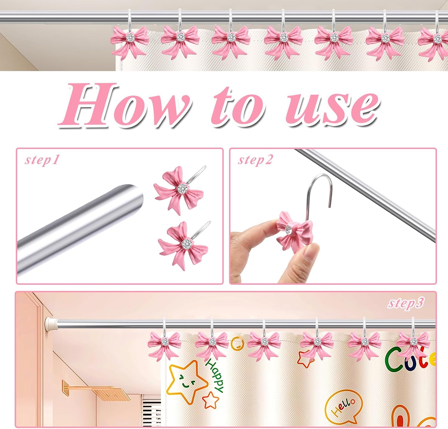 TOAOB 12pcs Curtain Hooks Rings Pink Bow Knot Stainless Steel image 5
