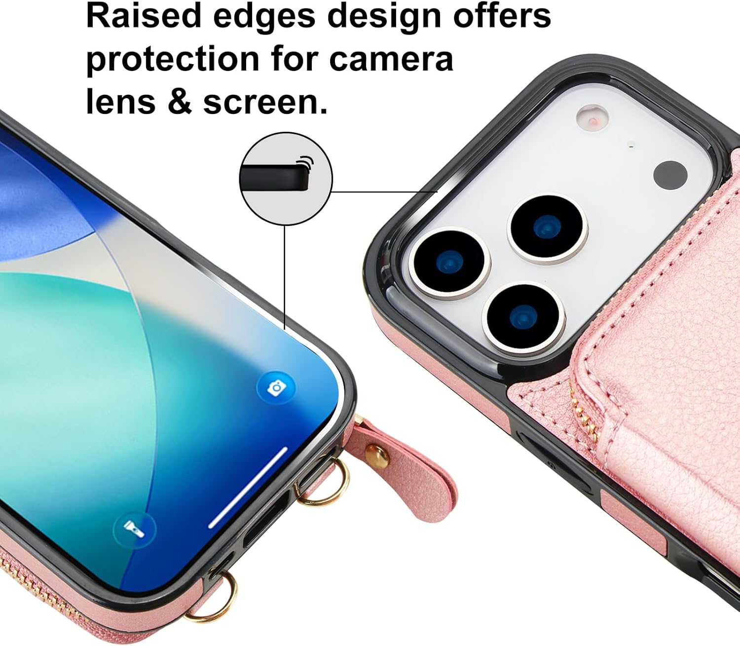 Bocasal Crossbody Wallet Case for iPhone 17 Pro, RFID Blocking Leather Purse Case with Card Holder, Protective Handbag Flip Cover with Zipper Wrist Strap Lanyard for Women 5G 6.3 Inch (Rose Gold)
