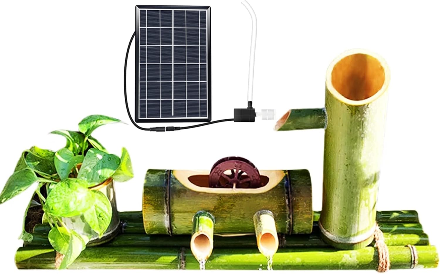 Solar Bamboo Water Fountain with Pump, Outdoor Patio Garden Fountain with Windmill, Natural Bamboo Zen Garden Decor
