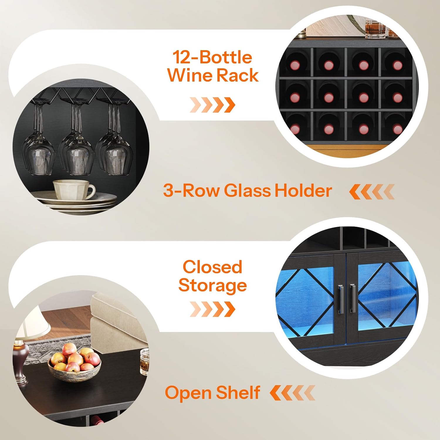 HOOBRO Bar Cabinet with Power Outlet, Liquor Cabinet with Wine Rack & Glass Holder, Freestanding Wine Cabinet with LED Light for Kitchen Living Room Dining Room, Black BK24UDJG01