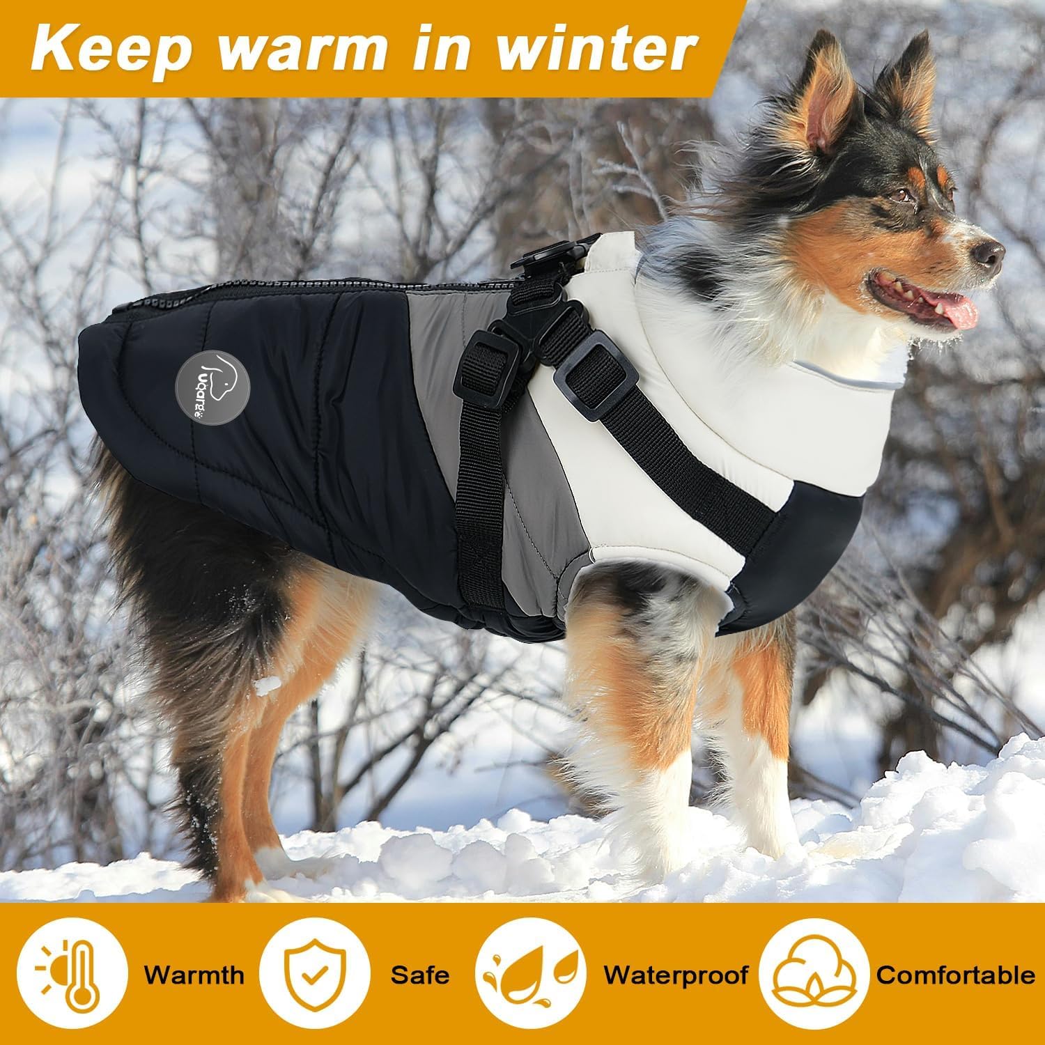 ウォームドッグウィンターコート、ハーネス内蔵防水ジャケット、冬用スノードッグウォームコート 小、中型(ブラック、2XL)