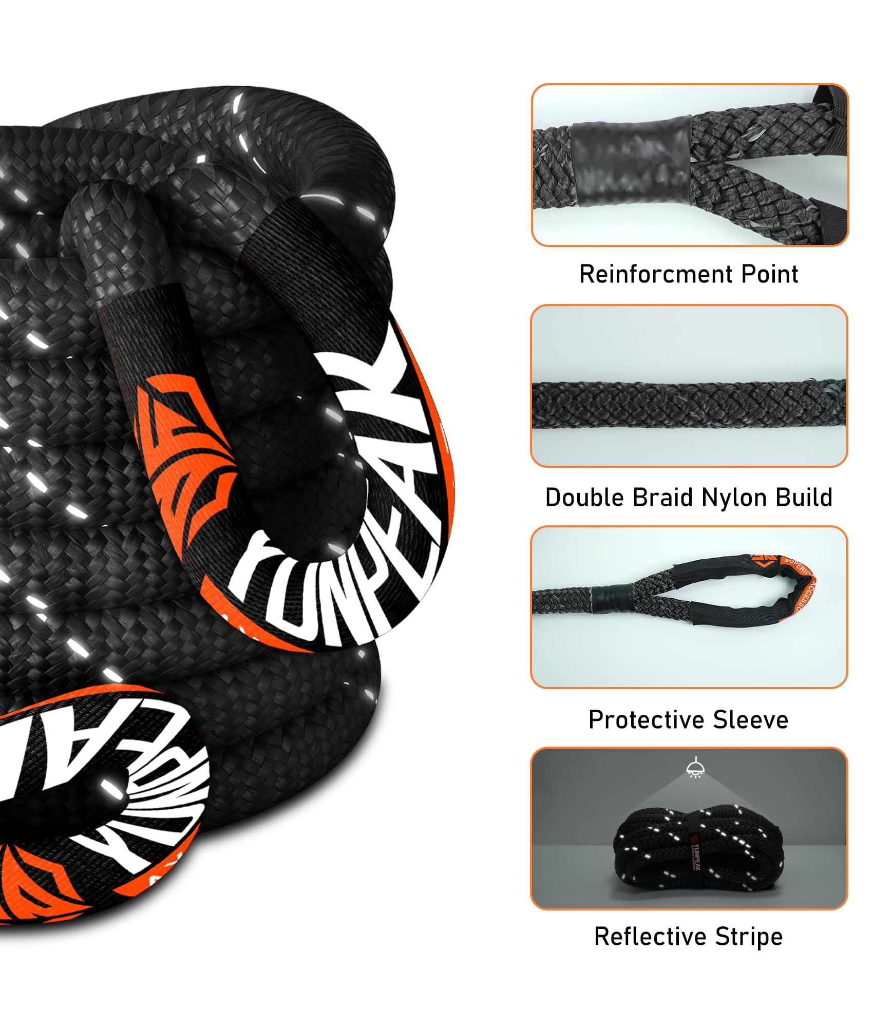 Kinetisches Abschleppseil (25,4 kg), Robustes Offroad-Wiederherstellungsseil mit 2 weichen UHMWPE-Schäkeln (25,4 kg), Abschleppseil-Set für LKW, SUV, UTV, ATV, Traktor, Auto, Jeep, Schwarz,