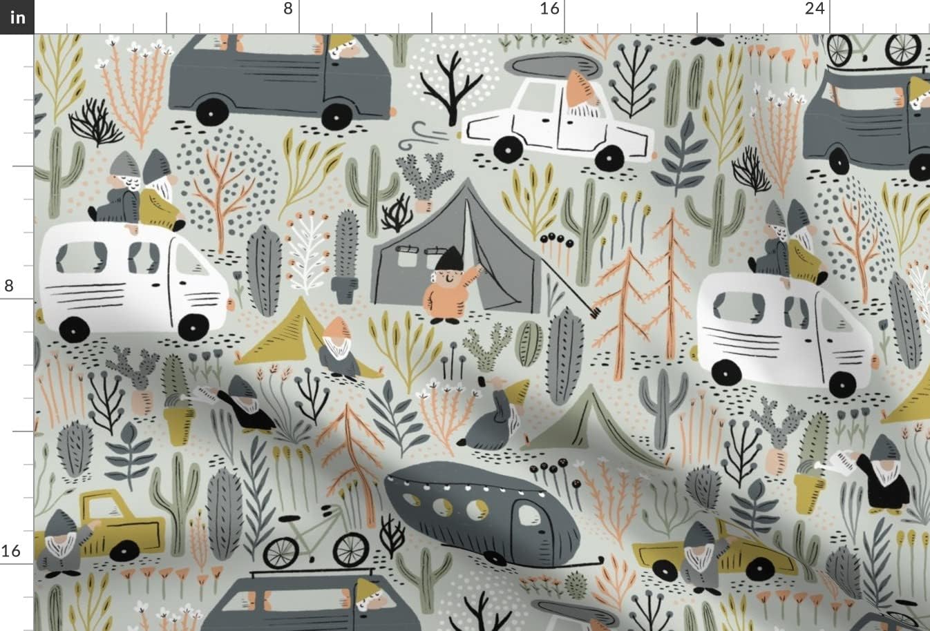 Spoonflower Fabric - Gnomes Camper Van Desert Camping Folklore Adventure Travels Nomad Life Printed on Upholstery Velvet Fabric Fat Quarter - Upholstery Home Decor Bottomweight Apparel