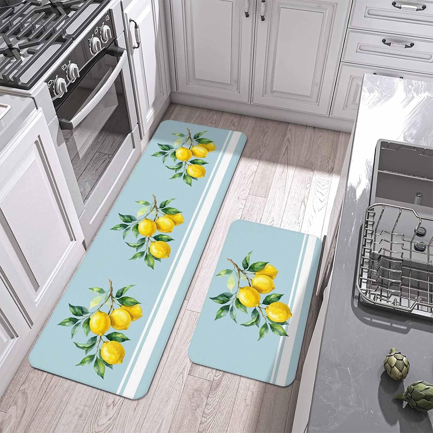 Summer Fruit Kitchen Mats Set of 2 Watercolor Yellow Lemon Green Leaves Blue Non Slip Mat Washable Floor Rug for Kitchen Sink Floor Laundry, 15.7"x23.6"+15.7"x47.2"