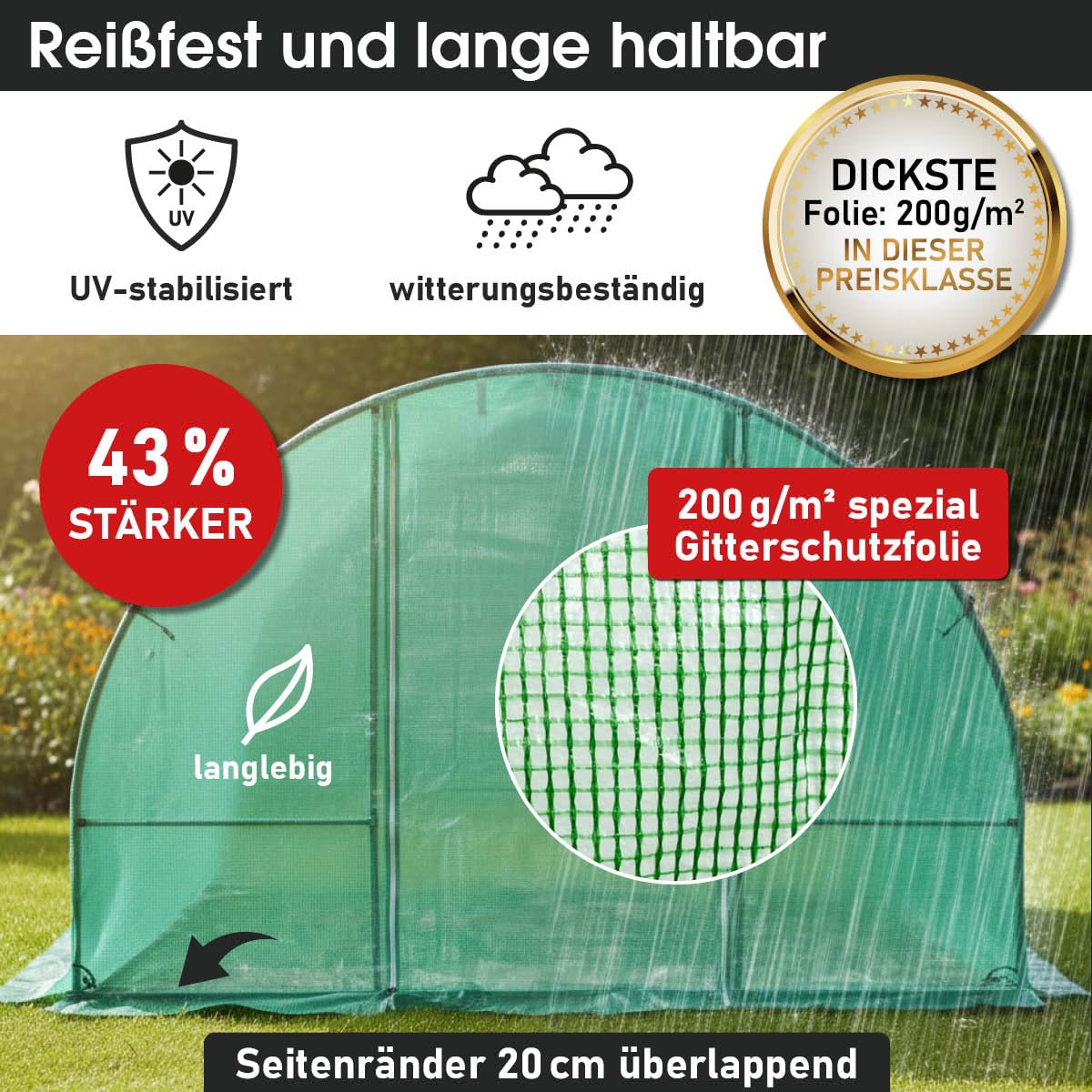BRAST Gewächshaus Foliengewächshaus mit Stahlfundament | 2x3m - 3x8m | inkl. Erdanker Unkrautvlies & 6 Aufrollbare Fenster mit Moskitonetz | UV-stabilisierte Gitterschutzfolie 200g/m² | 200x300cm