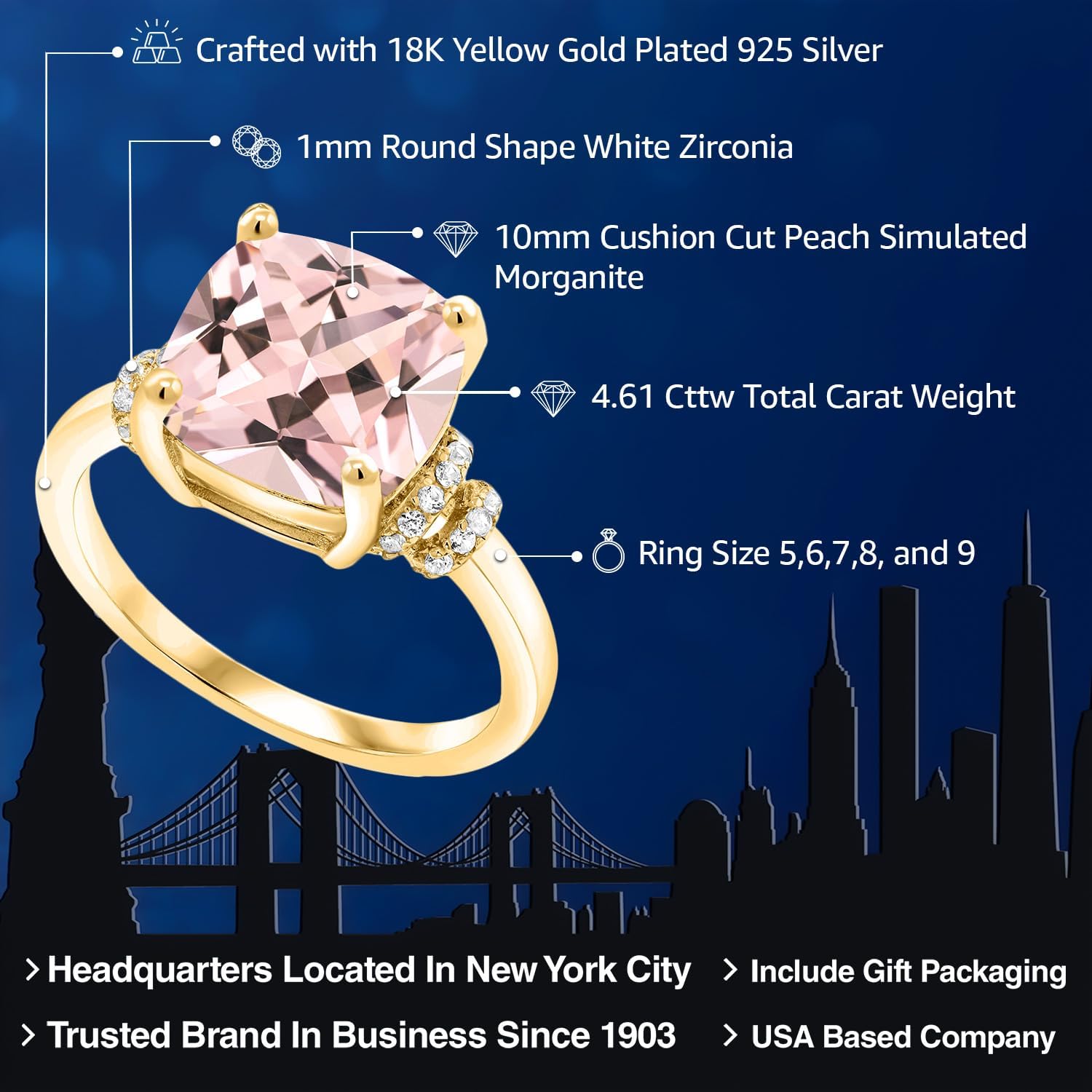 Gem Stone King 3-5 Cttw Gemstone Birthstone Ring For Women | 18K Yellow Gold Plated Silver | Cushion 10MM | Wedding Anniversary Engagement Promise Ring | Size 5-9