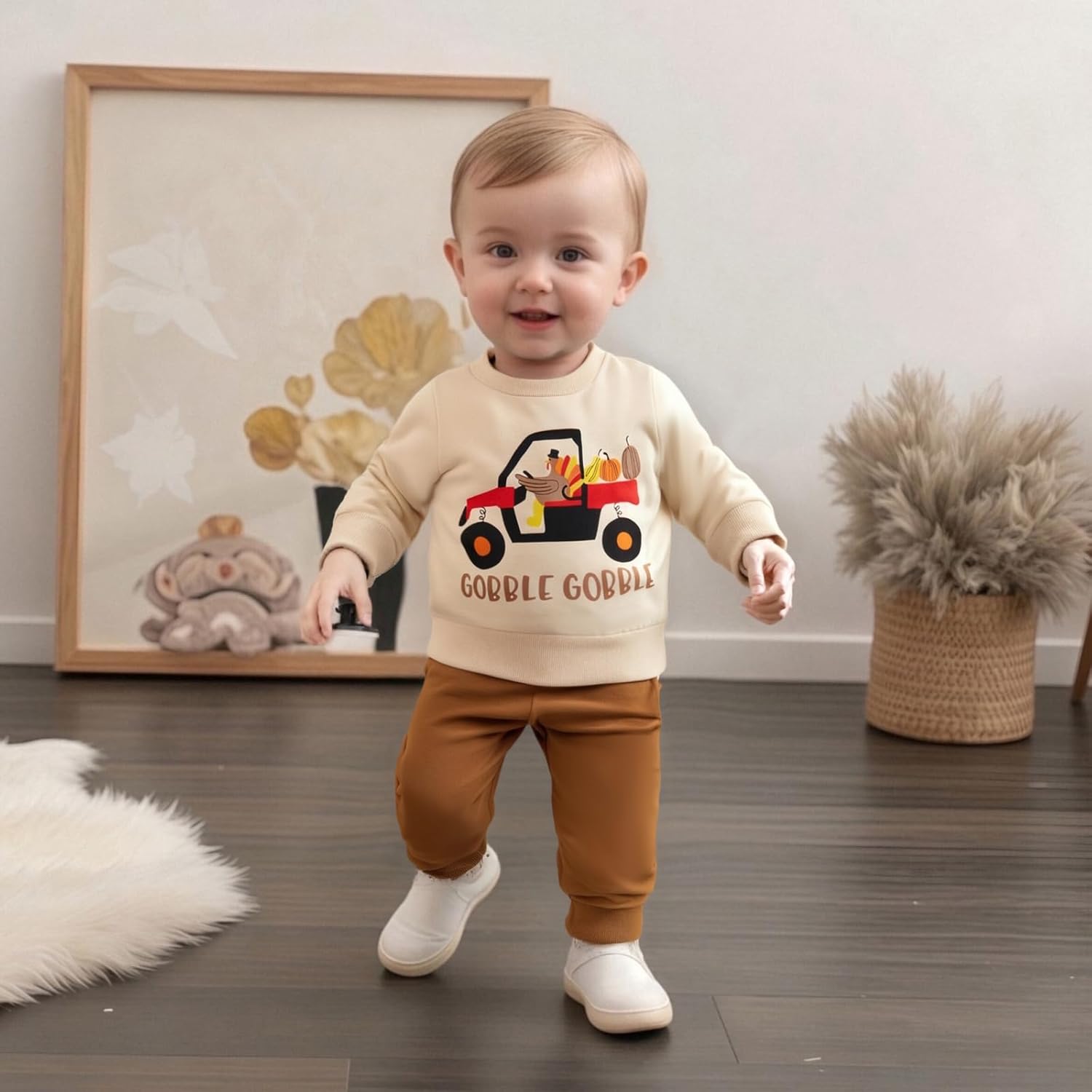 Kuriozud Toddler Baby Boy Thanksgiving Outfit Little Turkey Shirt Long Sleeve Sweatshirt Pants Set Newborn Boy Fall Clothes - Image 3