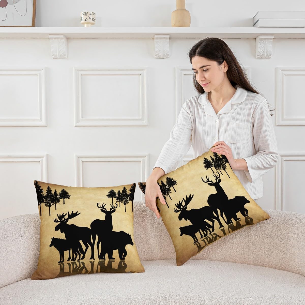 Hunting Bear Deer Pillow Covers 24x24 Inch Set of 2, Retro Rustic Cabin Throw Pillow Covers for Couch, Farmhouse Moose Wildlife Cushion Covers, Vintage Country Hunting Theme Decorative Pillow Covers