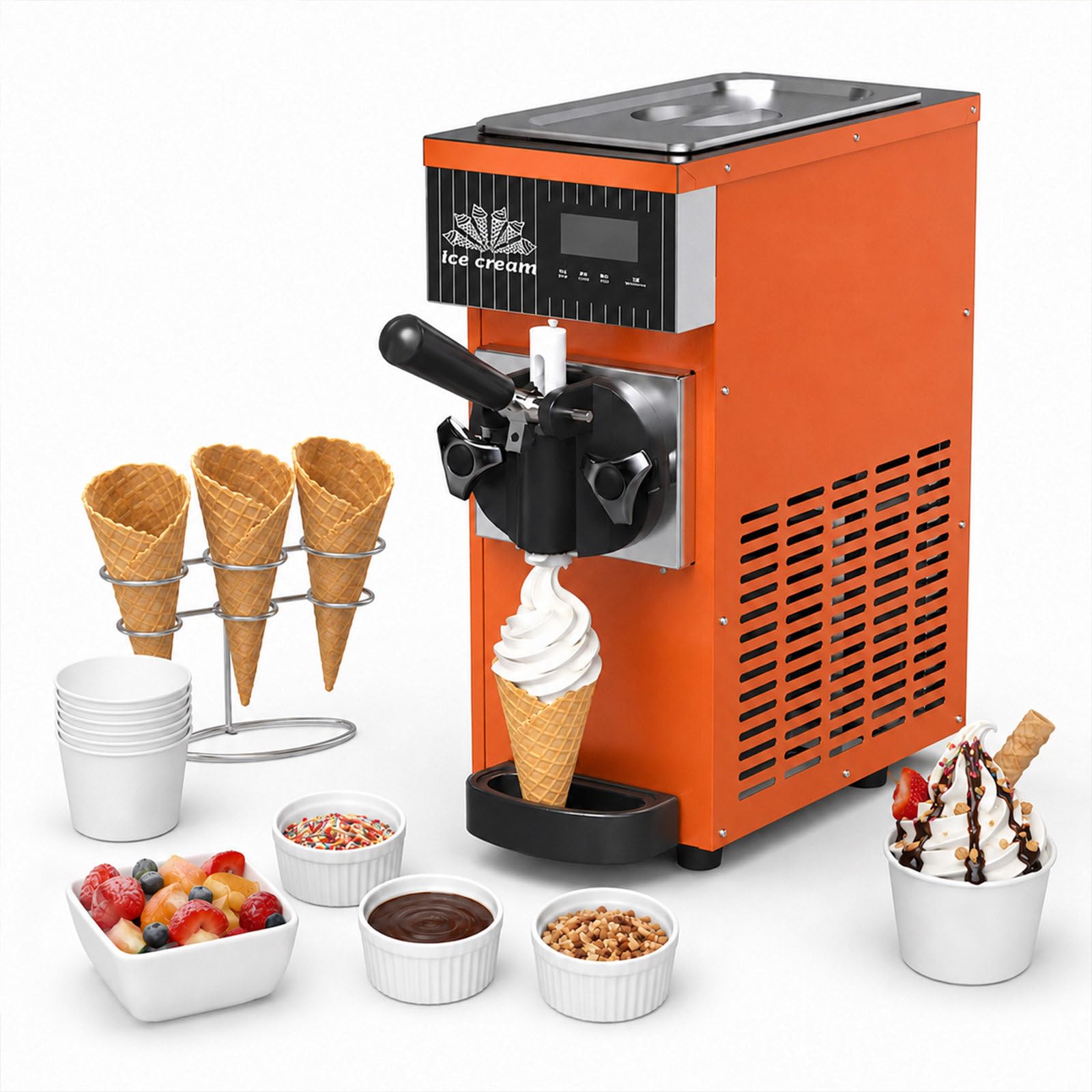 agreilduite Single Flavor Soft Serve Ice Cream Machine - Commercial Grade Countertop Maker - 450W with LED Control Panel and One-Click Auto Clean,with Auto Clean LED Control 4-5L/H Orange