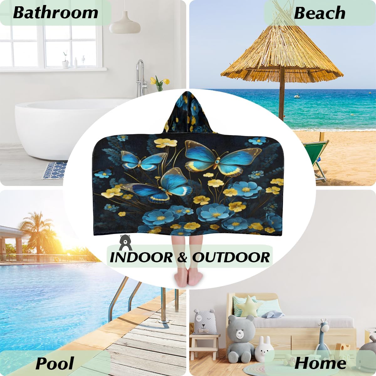 Pardick Kids Bath Towel Natural Butterfly Floral Beach Towel with Hood Pool Cover Up for Girls Boys Soft Absorbent Hooded Bath Towel Toddler Towels for Beach, Pool