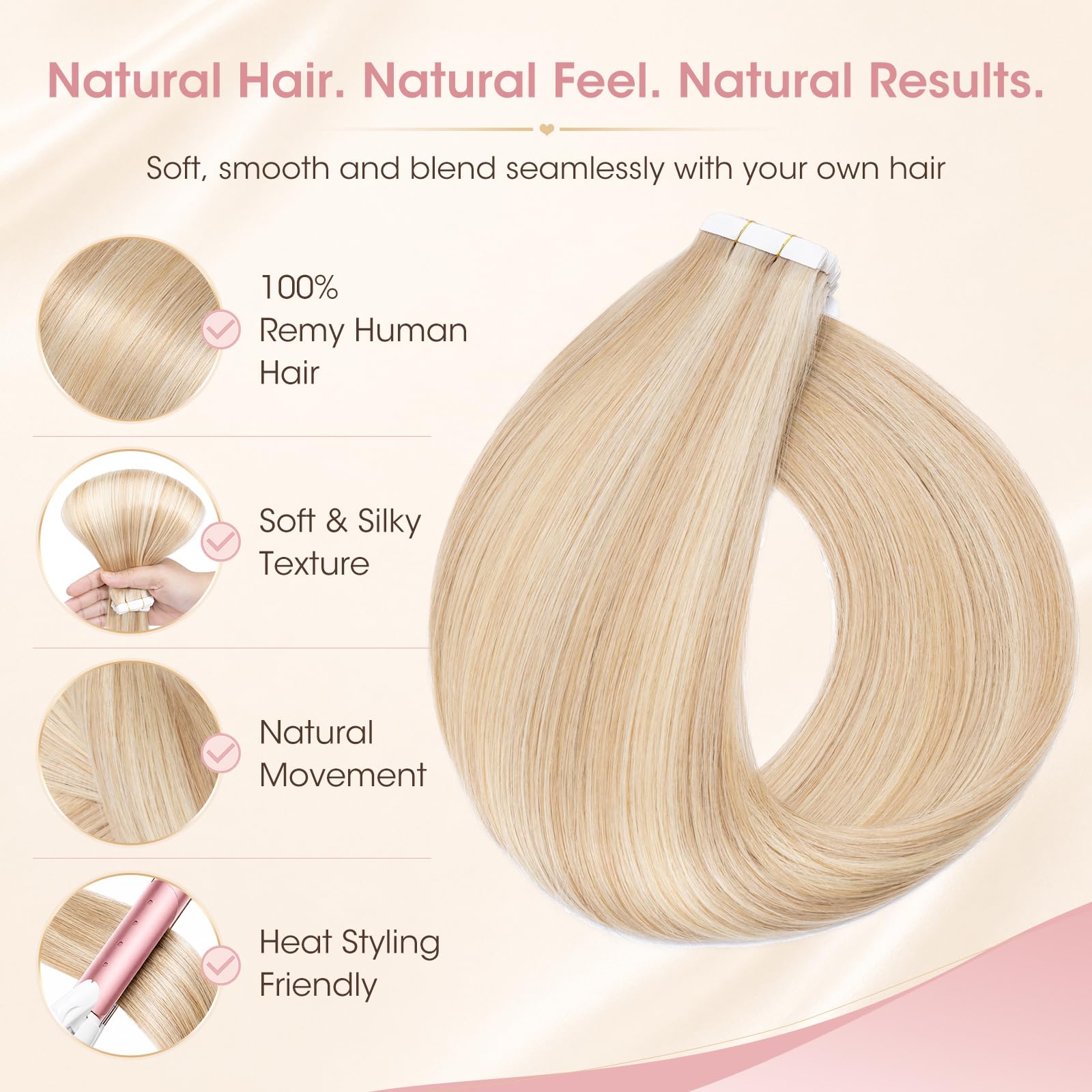 Silk-co 45CM Extension Bande Adhesive 20 PCS X 1.5g/pcs Extension A Froid Cheveux Naturel Naturel Rajout Cheveux Naturel Adhesif Noir de Jais - #18P613 Sable Blond & Blond Très Clair