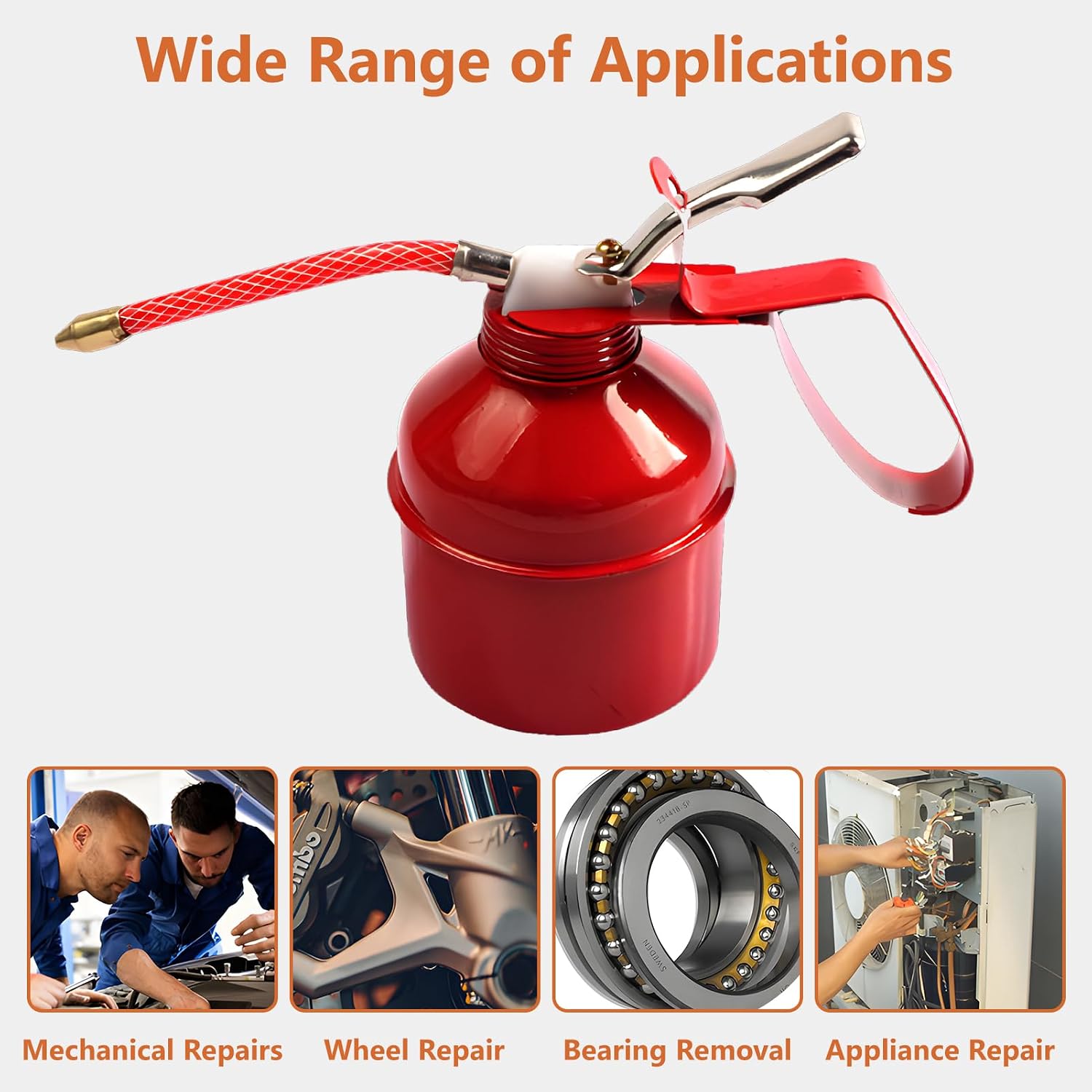 Buachois Oil Can,Manual Pump Oil Can,Red Metal Lever Style Lubrication Oiling Can with Flexible Spouts,Multipurpose Pump Oil Can for Car Bike Motor and Machines,Fluid Containe