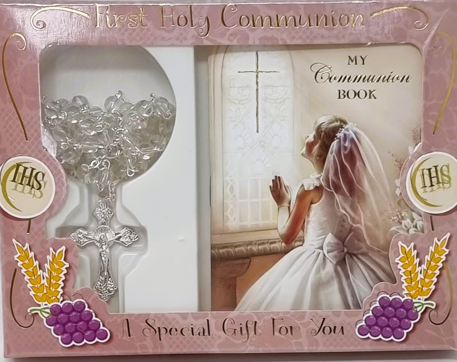 celebrationgiftsforall First Holy Communion Girl Prayer Book Glass Rosary and Prayer Card all Gift-boxed