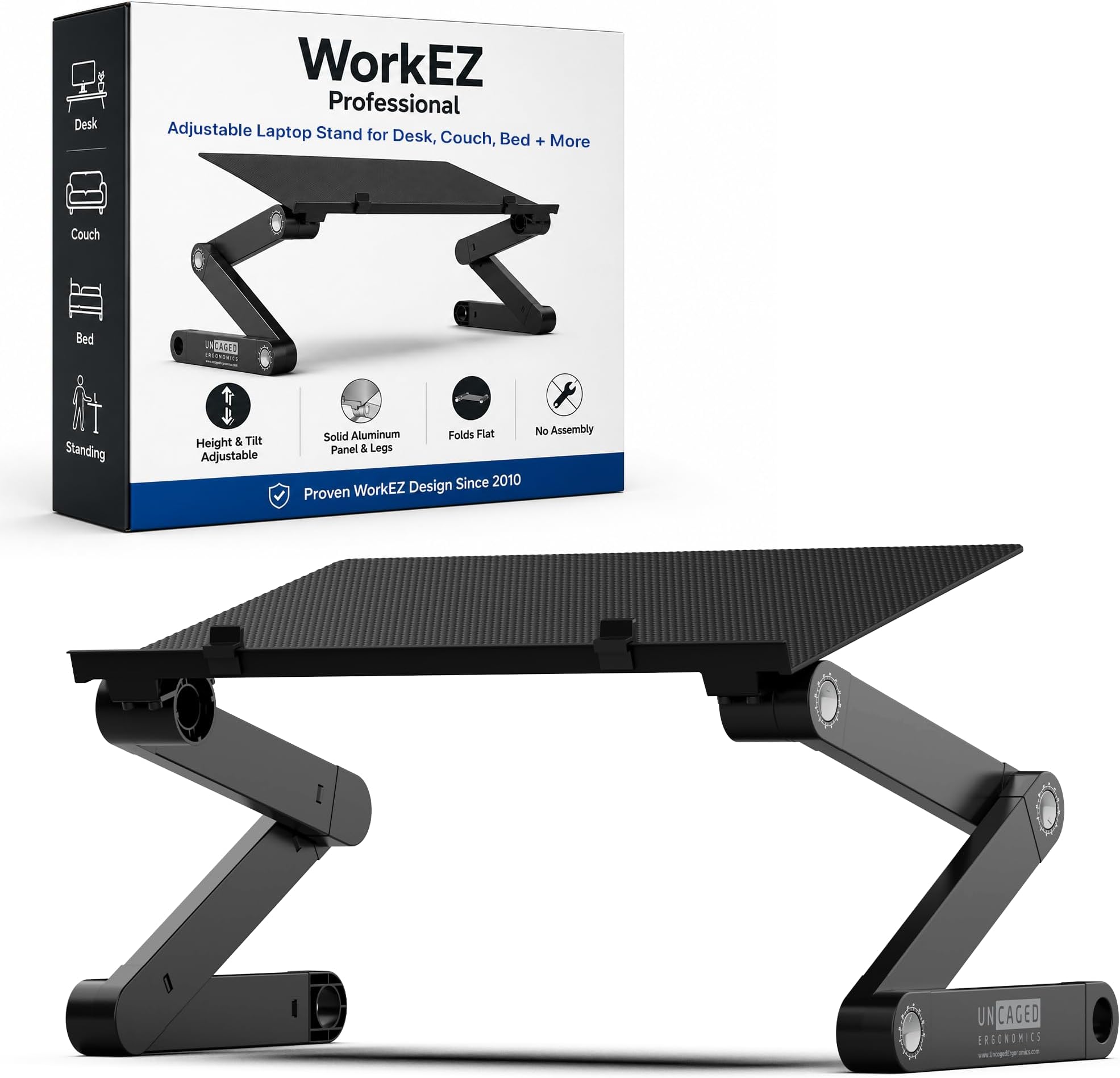 WorkEZ BEST Adjustable Laptop Stand Lap Desk for Bed Couch with Mouse Pad ergonomic height angle tilt aluminum desktop riser tray portable computer riser table cooler cooling folding holder black