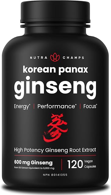 Panax rouge coréen Ginseng 6000mg Par service 5% Ginsenosides pour l'énergie, Focus & Performances: Supplément Ginseng avec Capsules Panax Ginsng Coréennes: Vegan & Non-OGM 120 Capsules