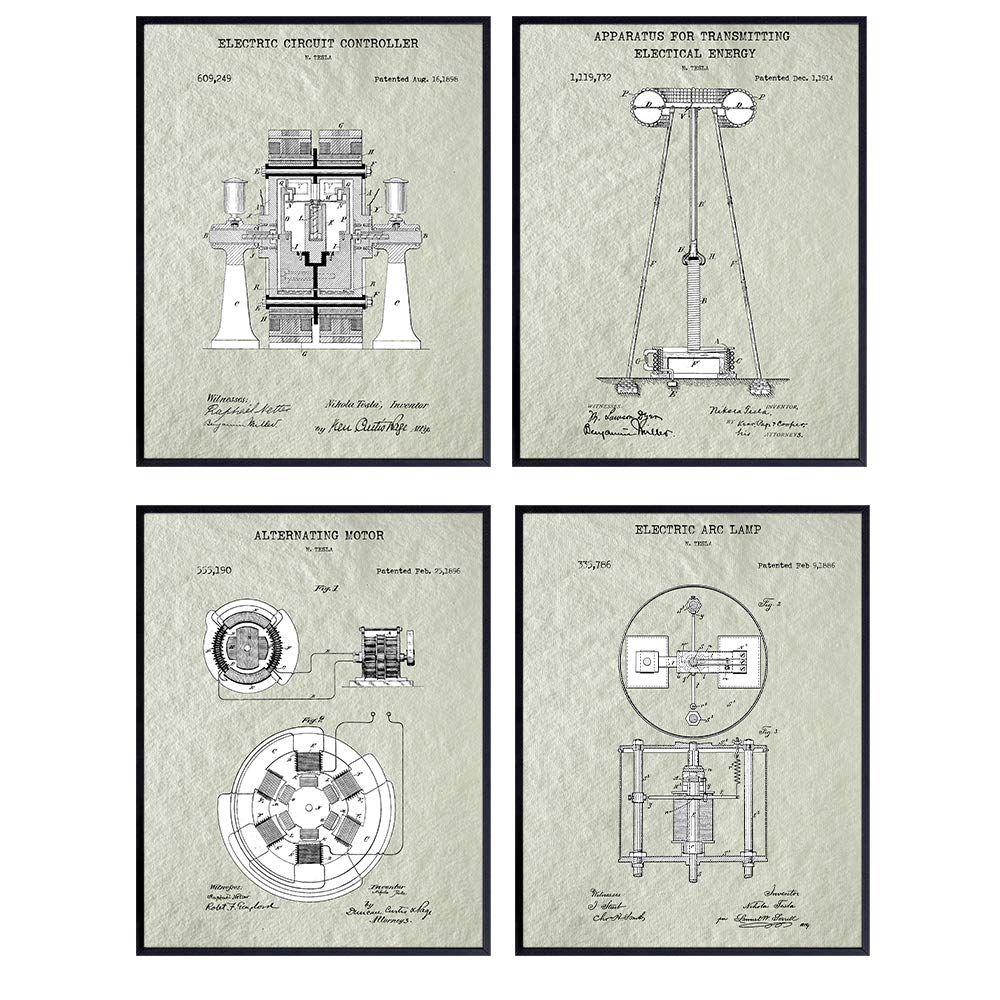 Nikola Tesla Patent Art Prints - Vintage Wall Art Poster Set - Chic Rustic Home Decor for Man Cave, Office, Living Room, Family Room, Den - Gift for Inventors, Electronics Fans, 8x10 Photos Unframed