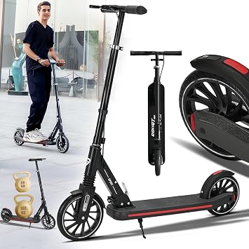 Commuter Adult Scooter 330 lbs Capacity, 8IN Solid Tires Big Wheels Scooters, 3 Handle Height Adjustable Levels, with Double Braking System, Foldable Scooter,Kick Scooter for Ages 6+