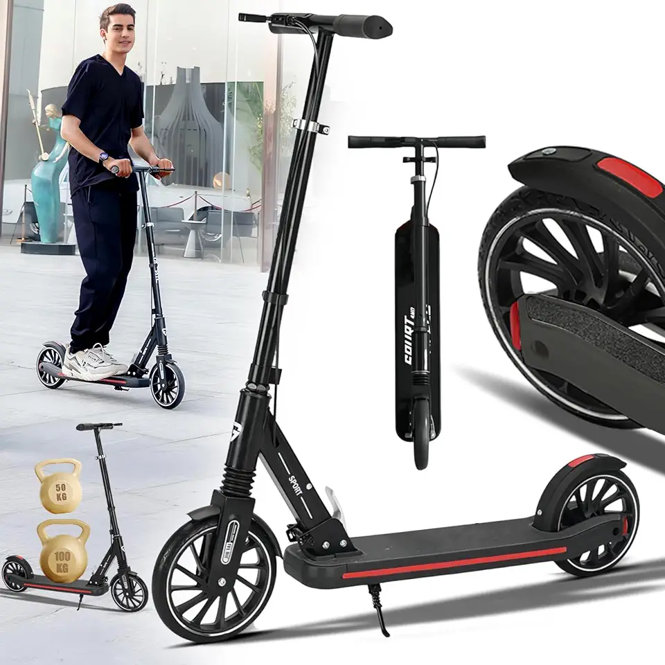 Commuter Scooter adulto capacidade de 150 kg, pneus sólidos de 20 cm, rodas grandes, 3 níveis ajustáveis de altura, com sistema de freio duplo, scooter dobrável, scooter para crianças a partir