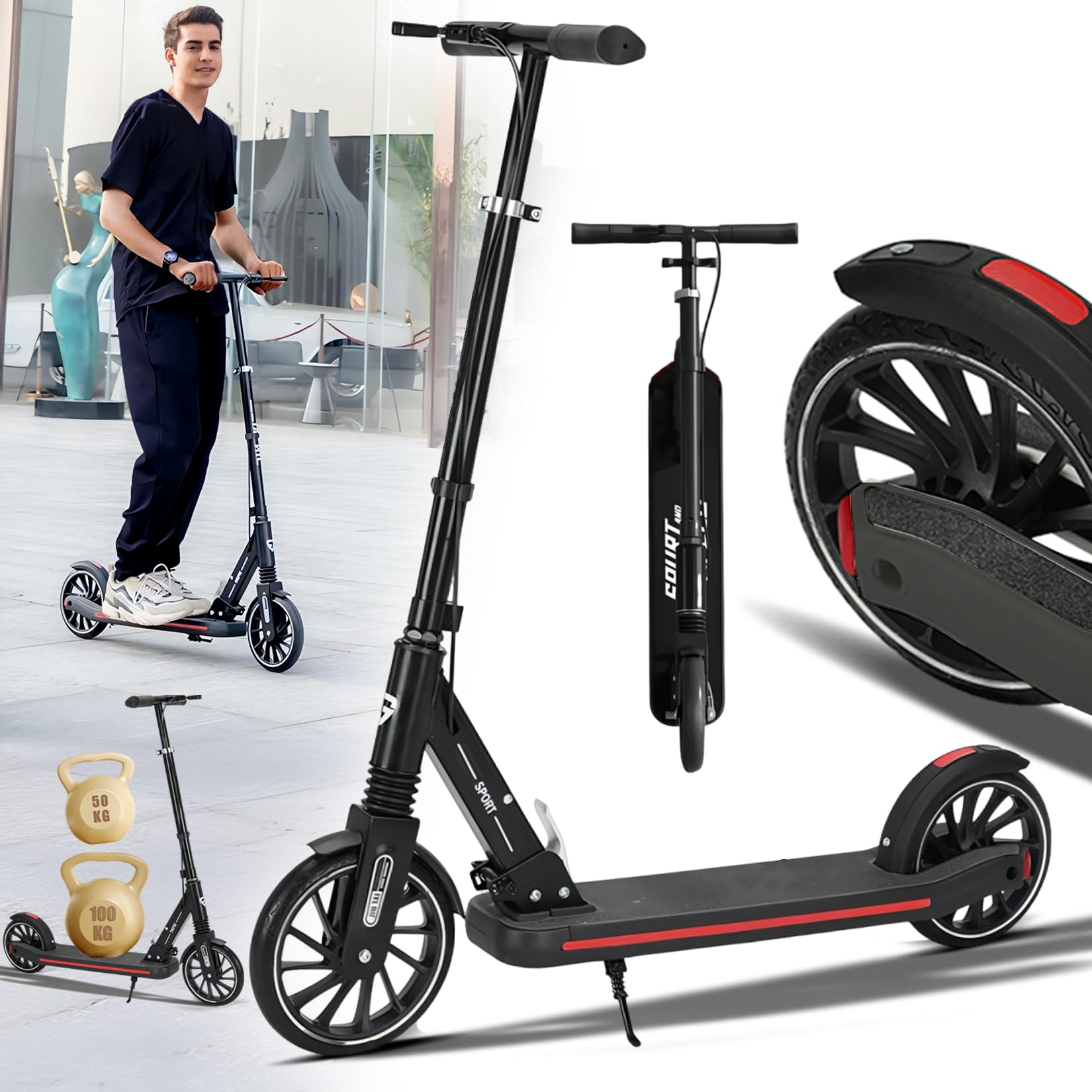 CUIOT Commuter Adult Scooter 330 lbs Capacity, 8IN Solid Tires Big Wheels Scooters, 3 Handle Height Adjustable Levels, with Double Braking System, Foldable Scooter,Kick Scooter for Ages 6+